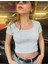 Kare Yaka Fitilli %100 Pamuk Kısa Kollu Crop T-Shirt 3