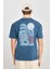 %100 Pamuk Relaxed Fit Geniş Kesim Bisiklet Yaka Baskılı Mavi Tişört 2