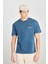 %100 Pamuk Relaxed Fit Geniş Kesim Bisiklet Yaka Baskılı Mavi Tişört 5