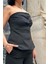 Siyah Straplez Düğmeli Crop ve Pantolon Takım 3