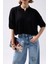 Polo Yaka Crop Dokulu Siyah Bluz 5