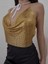 Kadın Gold Parlak Taşlı Payetli Mini Crop Kayık Yaka Zincirli Bluz Zırh Büstiyer 2