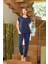25528 Kadın Modal Kumaş Indigo Kısa Kol Bilek Bantlı Pijama Takımı 1