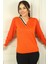 Kadın V Yaka Yarısı Şeritli Kolları Şifon Kazak 1