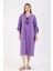 Süs Patlı Tokalı Keten Elbise-Mor 1