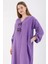 Süs Patlı Tokalı Keten Elbise-Mor 4