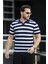 Premium Yan Çizgili Viskon Polo Yaka Triko Erkek T-Shirt - Lacivert 1