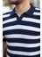 Premium Yan Çizgili Viskon Polo Yaka Triko Erkek T-Shirt - Lacivert 2
