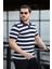 Premium Yan Çizgili Viskon Polo Yaka Triko Erkek T-Shirt - Lacivert 5
