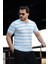 Premium Yan Çizgili Viskon Polo Yaka Triko Erkek T-Shirt - Mavi 5