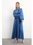 Gül Detaylı Jakar Elbise - Indigo 1