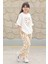 Ekru Yaprak Desenli Pantolonlu Oversize Tişörtlü Kız Takım 20228 3