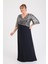 Kadın Büyük Beden Kruvaze Yaka Kısa Kollu Uzun Abiye Elbise 9670 Siyah 3