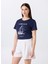 Bisiklet Yaka Baskılı Lacivert Kadın T-Shirt F5SL-TST0446 1