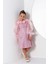 Kız Çocuk Yakası Boydan Gül Broş Detaylı Bilekleri ve Üzeri Pullu Karpuz Kollu Pembe Elbise 1