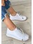 Beyaz Suni Deri Bağcıklı Kadın Sneaker Ayakkabı 1