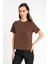 Kahve Kadın Bisiklet Yaka Basic T-Shirt 1