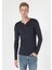 Slim Fit Placket Neck Düz Erkek Lacivert Uzun Kol Tişört 1