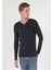 Slim Fit Placket Neck Düz Erkek Lacivert Uzun Kol Tişört 3