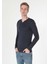 Slim Fit Placket Neck Düz Erkek Lacivert Uzun Kol Tişört 4