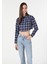 Regular Fit Shirt Neck Ekoseli Kadın Lacivert Uzun Kol Gömlek 1