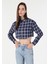 Regular Fit Shirt Neck Ekoseli Kadın Lacivert Uzun Kol Gömlek 4