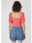 Slim Fit Derin Yuvarlak Yaka Jakarlı Kadın Pembe Kısa Kol Tişört 2