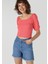 Slim Fit Derin Yuvarlak Yaka Jakarlı Kadın Pembe Kısa Kol Tişört 4
