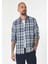 Slim Fit Shirt Neck Ekoseli Erkek Mavi Uzun Kol Gömlek 3