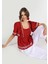 Slim Fit Kare Yaka Çiçekli Kadın Kahverengi Kısa Kol Gömlek 5