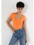 Slim Fit Kare Yaka Kadın Turuncu Kısa Kol Tişört 3