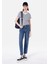 Slim Fit Yuvarlak Yaka Çizgili Kadın Lacivert Kısa Kol Tişört 3