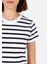 Slim Fit Yuvarlak Yaka Çizgili Kadın Lacivert Kısa Kol Tişört 5