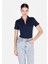 Slim Fit Polo Yaka Düz Kadın Lacivert Kısa Kol Tişört 1