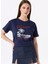 Bisiklet Yaka Baskılı Lacivert Kadın T-Shirt F5SL-TST0465 1