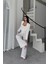 Jakarlı Bluzu Tasarım Detaylı Ceket-Pantolon-Bluz 3 Lü Takım - Beyaz 2