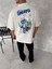Ön ve Arka Baskılı Oversize Bisiklet Yaka T-Shirt- Beyaz 4