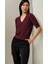 Bordo V Yaka Örgülü Kadın Triko Tişört MG2369 1