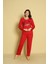 Kadın Uzun Kol Kırmızı Ön Baskılı Basic Pijama Takımı 2