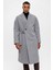 Açık Gri Kuşaklı Oversize Erkek Kaban 3