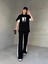 TKM-03655 Siyah Beyaz Ny Nakışlı Bisiklet Yaka Tshirt Bel Lastikli Palazzo Alt Ikili Takım 1