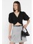 Kadın Ön Düğüm Detaylı Yan Fermuarlı Balon Kol Crop Top Bluz 1