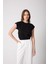 Kadın T-Shirt Beli Lastikli Duble Kol Bisiklet Yaka Siyah Basic - 2501 2