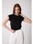 Kadın T-Shirt Beli Lastikli Duble Kol Bisiklet Yaka Siyah Basic - 2501 3