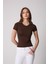 Kadın T-Shirt Likralı Slim Fit Kısa Kol Bisiklet Yaka Kahve Basic - 2503 1