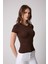 Kadın T-Shirt Likralı Slim Fit Kısa Kol Bisiklet Yaka Kahve Basic - 2503 5