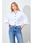 Kadın Beyaz Düşük Kol Çımalı Crop Poplin Gömlek 1