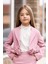 Kız Çocuk Çiçek Broş Detaylı Blazer Ceket Halter Yaka Taş Detaylı Bluz Pembe Alt Üst Takım 3