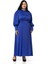 Büyük Beden Büzgülü Kollu Kuşak Detaylı Uzun Saten Saks Mavi Elbise 1
