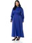 Büyük Beden Büzgülü Kollu Kuşak Detaylı Uzun Saten Saks Mavi Elbise 2